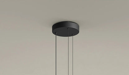 Black ceiling plate with suspension wires for glass pendant light. Supports adjustable hanging for modern lighting fixtures.