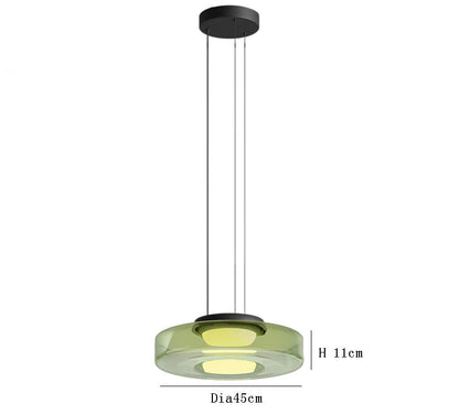 Green glass pendant light with 45cm diameter and 11cm height. Adjustable 150cm wire and LED source for kitchen or dining decor.