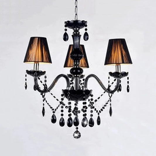 Luxury American Crystal Chandelier with black crystal accents and three shaded LED lights, ideal for modern apartments or boutique hotels.