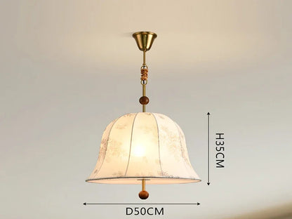 Modern Art Hanging Lamp with wide bell-shaped cloth shade and wood trim, a Nordic pendant light for spacious interiors.