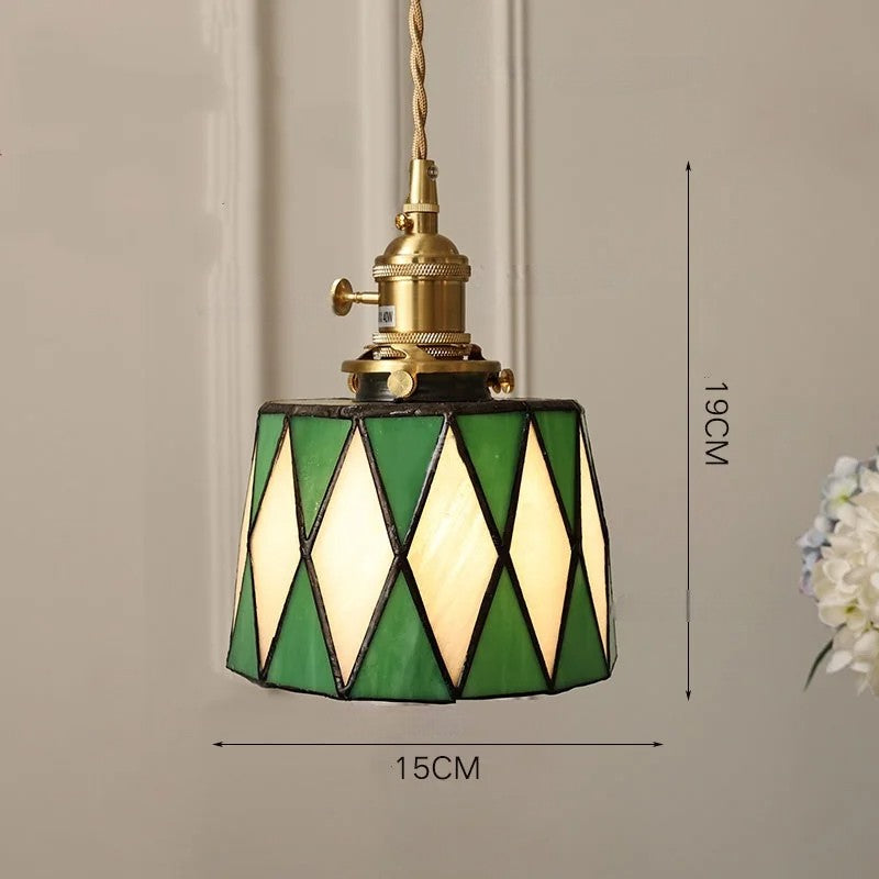 Suspension vintage française en bois, laiton et verre