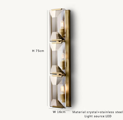 Gold crystal LED wall sconce, 75cm tall with three LED bulbs, combining luxury materials and modern lighting style.