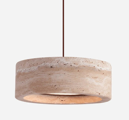 Travertine Retro Pendant Light turned on, emitting a warm LED glow through its stone body, perfect for cozy bedroom lighting.