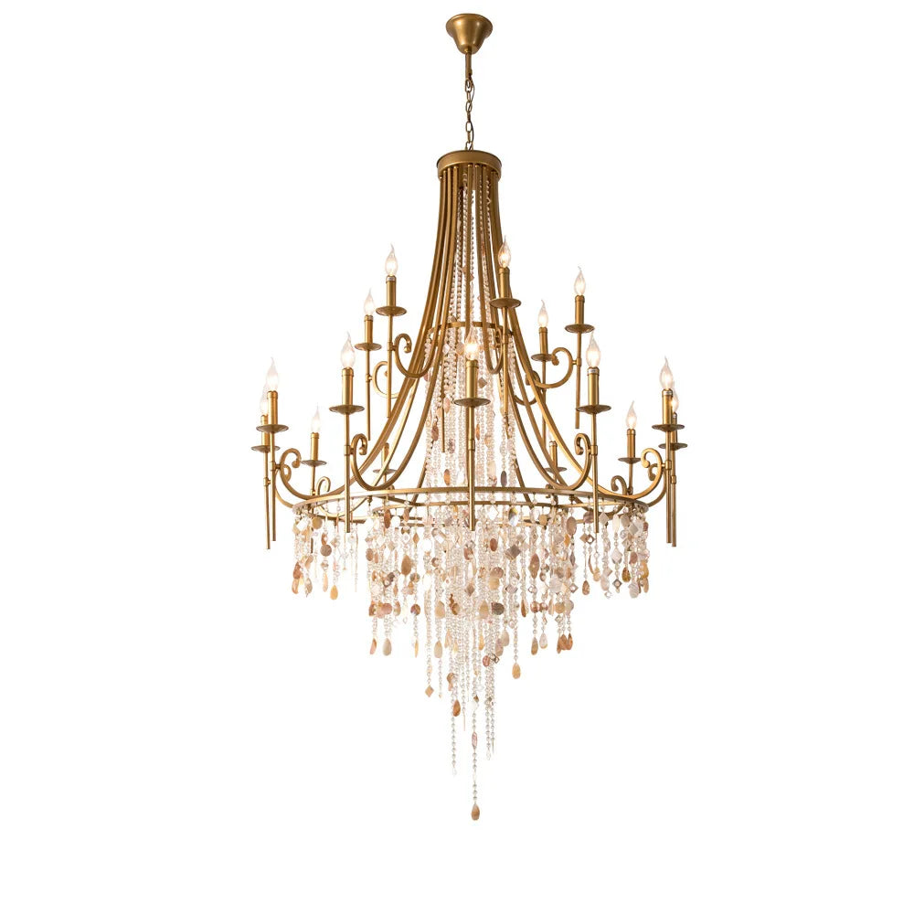 Long drop crystal shell chandelier for high-ceiling