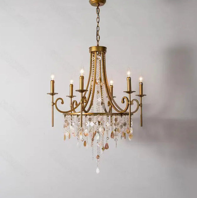 Long drop crystal shell chandelier for high-ceiling