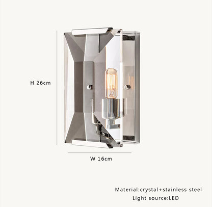 Crystal LED wall sconce dimensions: 26cm height, 16cm width, made of stainless steel and crystal with modern design.
