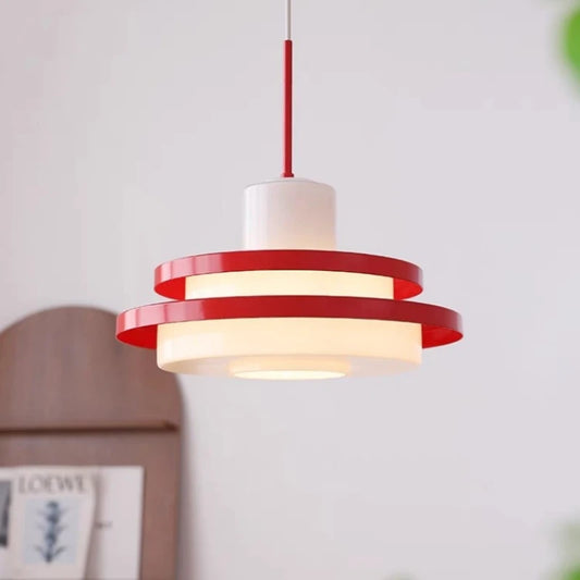 Nordic Retro LED Chandelier with red and white layered rings, ideal for modern vintage home lighting decor.