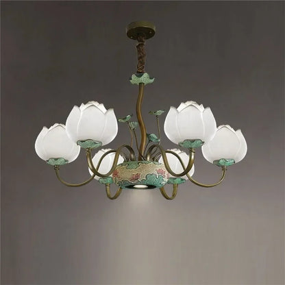 LED Floral Chandelier with five lotus blossom lights, combining traditional ceramic art with modern lighting efficiency.