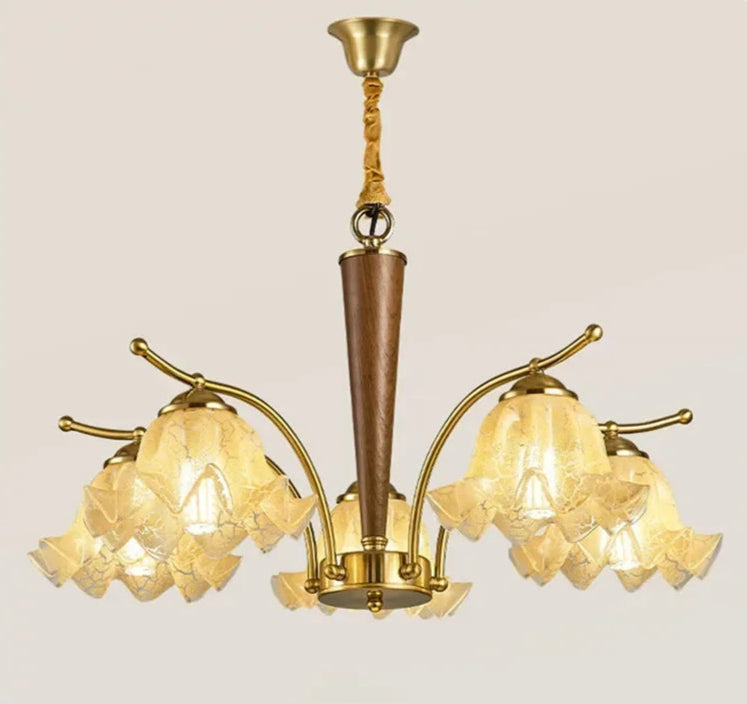 Close-up of American Retro Pendant Light with six LED glass shades and iron body, showcasing elegant craftsmanship and warm glow.