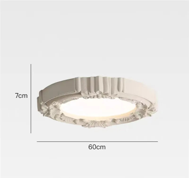 60cm low-profile carved plaster chandelier - french farmhouse ceiling light in sandstone beige with subtle floral accents.