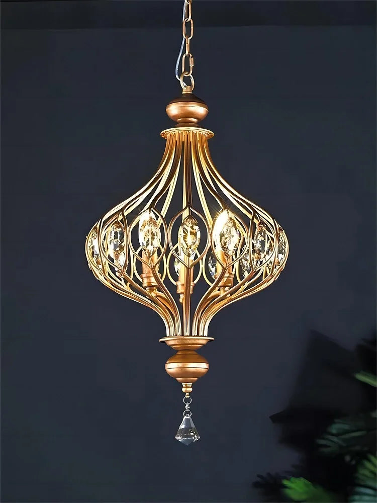 Elegant hanging retro crystal lantern chandelier glowing warmly, perfect for corridors and upscale interior lighting.