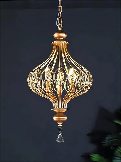 Elegant hanging retro crystal lantern chandelier glowing warmly, perfect for corridors and upscale interior lighting.