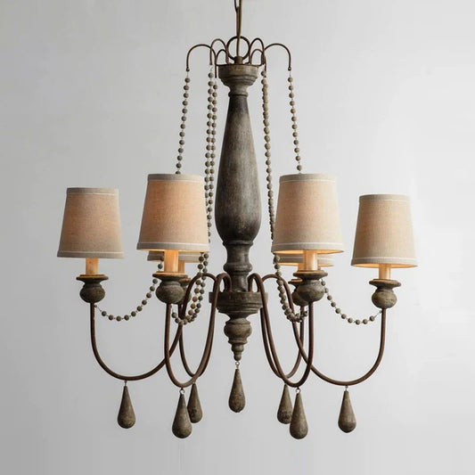 Retro Princess Chandelier - Wooden Pendant Light with six beige fabric lampshades and beaded accents, ideal for vintage bedroom or dining decor.