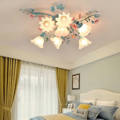 Korean Pastoral Rose Ceiling Lamp installed in a cozy bedroom, featuring soft floral LED lighting for a romantic ambiance.