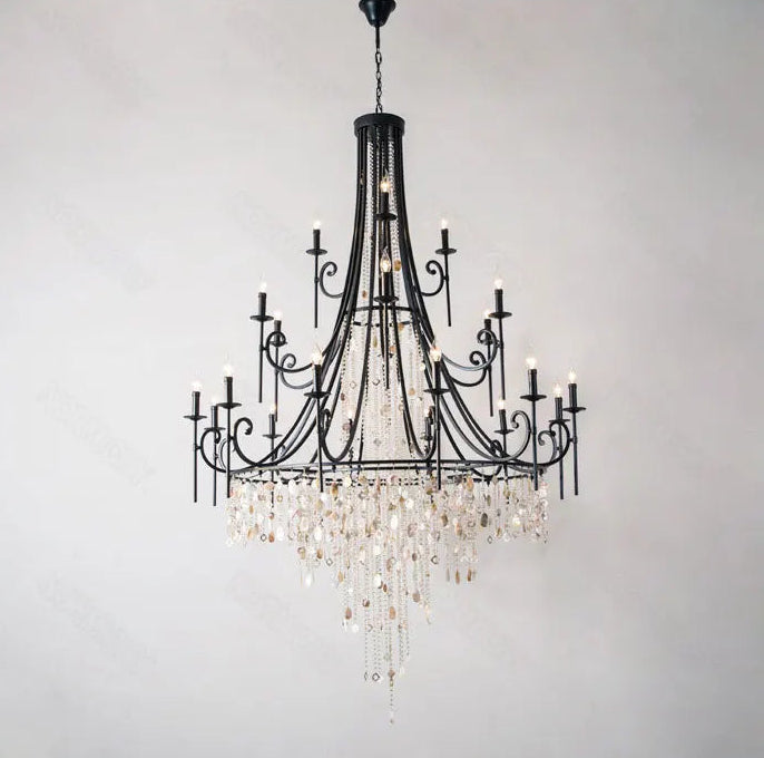 Long drop crystal shell chandelier for high-ceiling