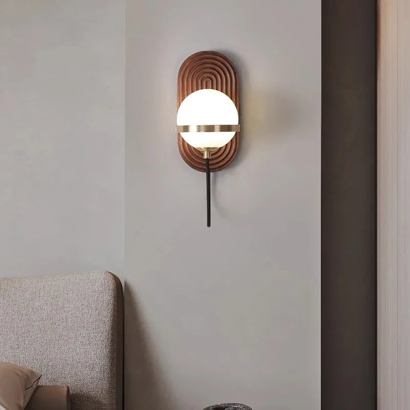 LUXELY walnut wood circular sphere wall sconce