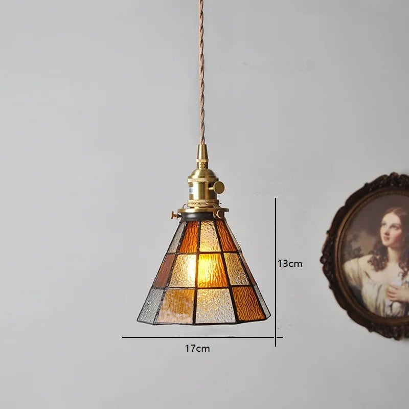 Suspension vintage française en bois, laiton et verre