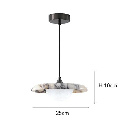 Dimensions of Matte Marble Pendant Lamp with black round design, showing 25cm diameter and 10cm height for bedroom lighting.