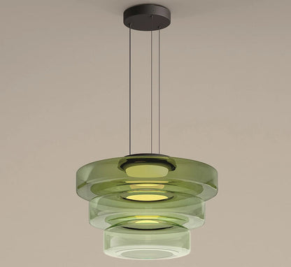 Green three-tier glass pendant light with LED source. Features 45cm, 35cm, and 25cm diameters for a layered luxury look.