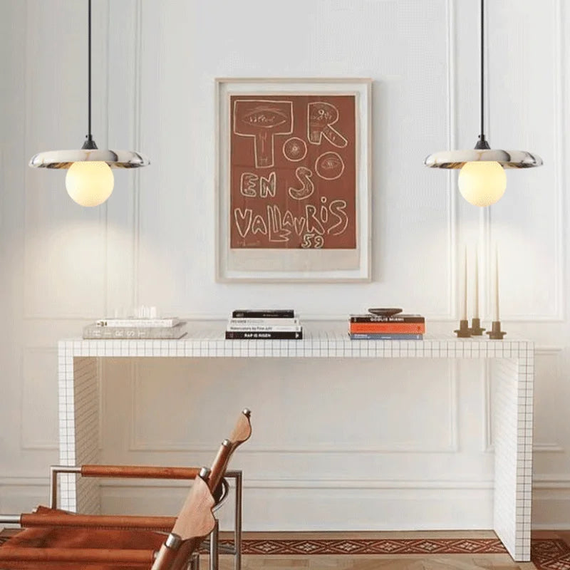 Pair of Marble Pendant Lights with black LED design illuminating a modern workspace, ideal for stylish and functional home office lighting.