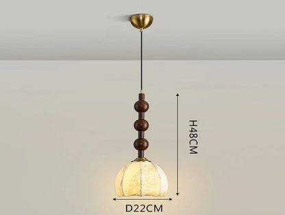 Nordic Pendant Light with stacked wood stem and floral cloth shade, ideal for LED lighting in stylish interiors.