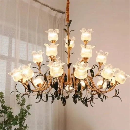 French Floral Pendant Light with 24 tulip-shaped glass shades and gold iron frame, ideal for vintage villa or dining room décor.
