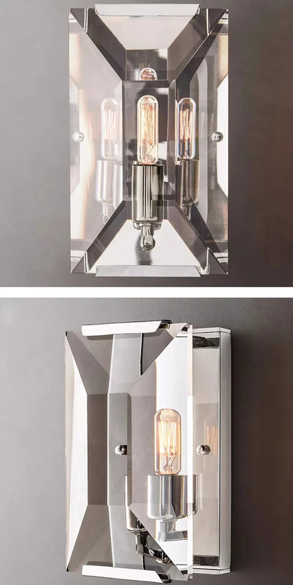 Double-bulb crystal LED wall sconce with stainless steel frame, offering geometric elegance for upscale wall lighting.