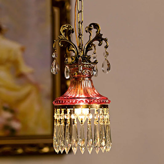 Retro French crystal chandelier with red glass top and gold detailing, ideal luxury pendant light for bedroom or hallway décor.