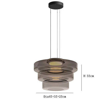 Smoke grey three-tier glass pendant light with 45cm, 35cm, and 25cm diameters. LED lighting for upscale kitchen or dining.