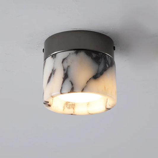 Nordic LED wall sconce with marble-effect glass and matte black finish, ideal for modern hallway lighting and ambient decor.