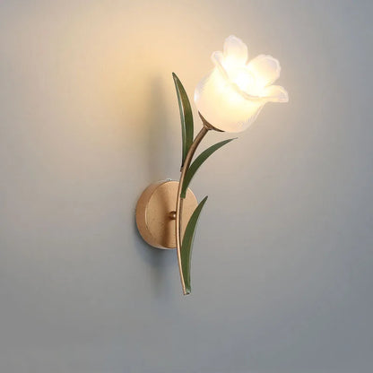 French Pastoral Wall Lamp - LED Sconce with tulip-shaped frosted glass shade and green leaf accents, ideal for vintage bedroom decor.