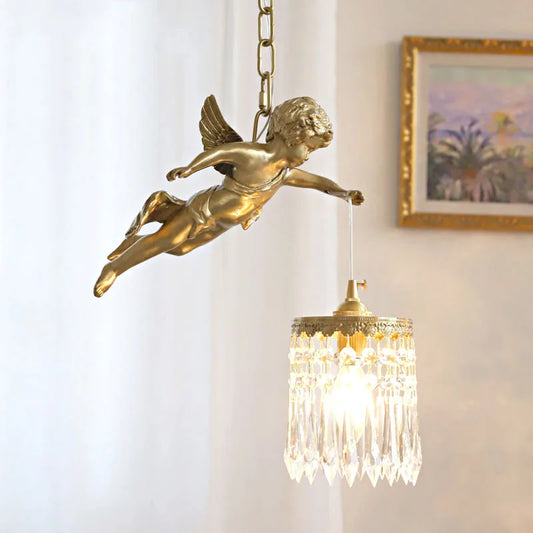 Copper angel chandelier light with crystal pendant, ideal for corridor or balcony lighting. Features a flying cherub holding a dimmable LED light.