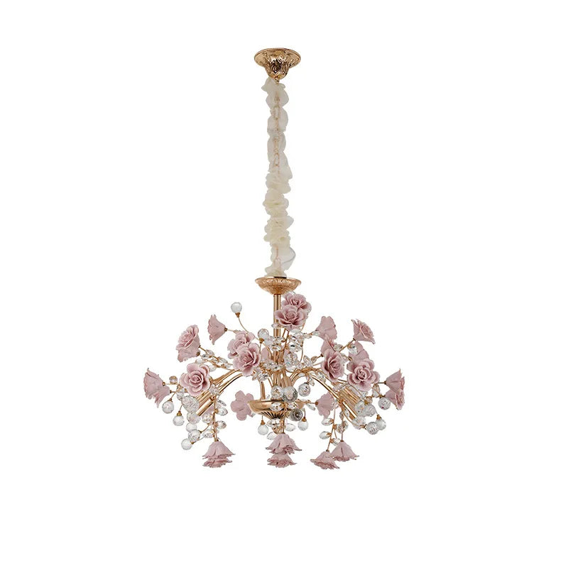 Luxury Rose Crystal Chandelier with gold frame and pink floral design, showcasing a modern LED pendant light for stylish home decor.