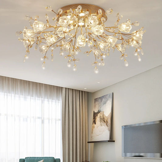 Vintage flower glass chandelier with crystal LED lights in a modern living room, offering 50K hour life and elegant gold floral design.