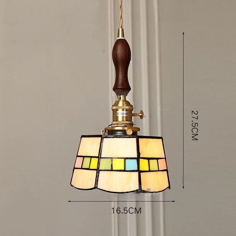 Suspension vintage française en bois, laiton et verre