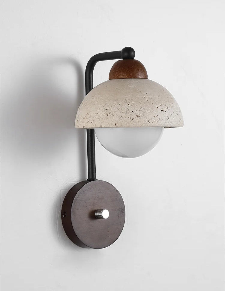 Travertine Wall Lamp turned off, highlighting its sculptural stone and wood design with a modern Art Deco aesthetic.