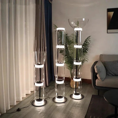 Three Italian glass floor lamps – modern minimalist nordic design with varying LED-lit glass sections for stylish home decor.