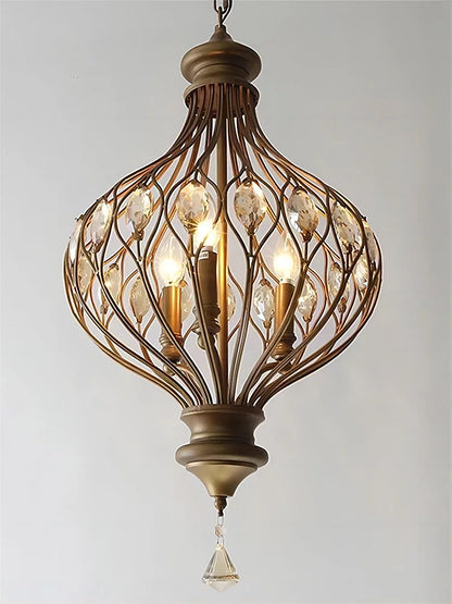 Retro crystal lantern chandelier lit with warm bulbs, ideal for adding timeless charm to dining or living spaces.