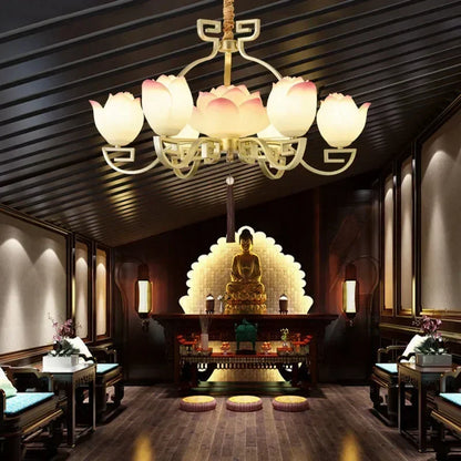 Lotus flower LED pendant light - vintage ceiling light enhancing a serene meditation room with warm, ambient lighting.