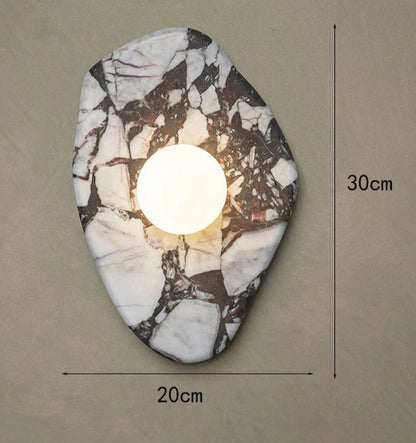 Dimensions of G9 Stone Wall Light shown with 30cm height and 20cm width, made of natural stone and glass for LED lighting.