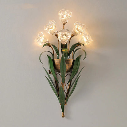 French country wall light with clear flower-shaped bulbs and green leaves, ideal for vintage-inspired home lighting.