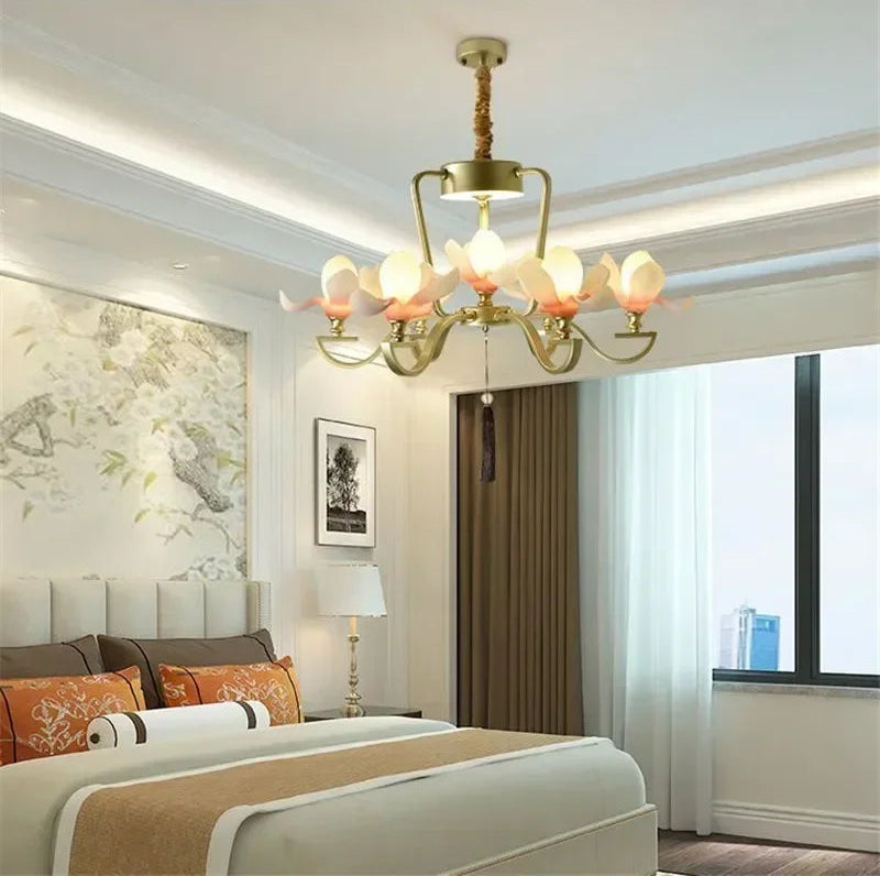 Gold Magnolia Flower Pendant Light with 9 LED bulbs, retro ceiling lamp for bedroom, blending vintage charm with modern style.