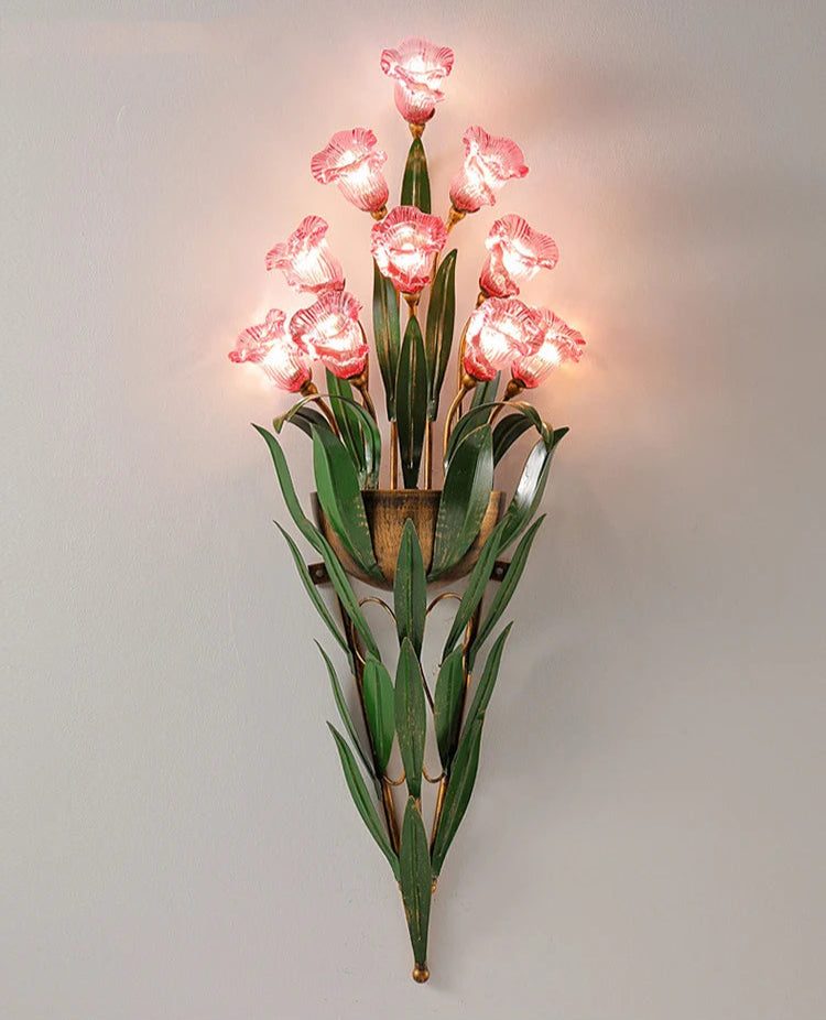 Tall pink flower French wall sconce with green leaf design, perfect for enhancing rustic or pastoral-themed interiors.