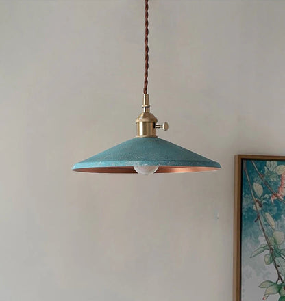 Teal Industrial Brass Pendant Light with copper interior, perfect for eclectic restaurant or home lighting design.