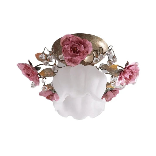Vintage Korean ceiling light with crystal accents and pink rose design, ideal for porch, balcony, or kitchen decor.