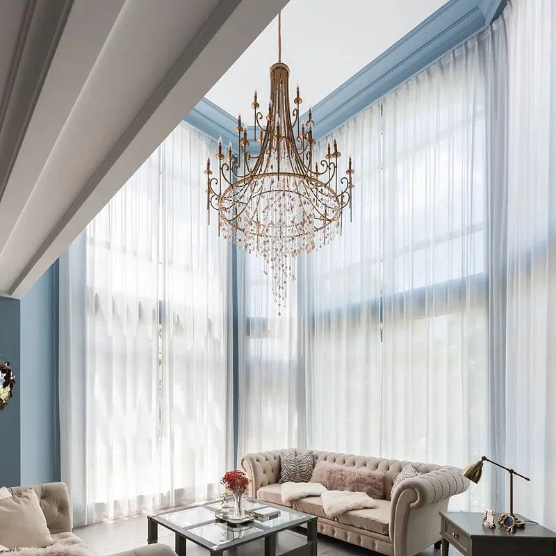 Long drop crystal shell chandelier for high-ceiling