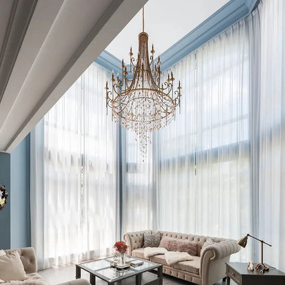 Long drop crystal shell chandelier for high-ceiling