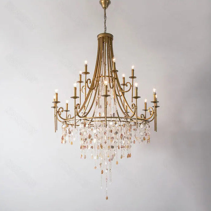 Long drop crystal shell chandelier for high-ceiling