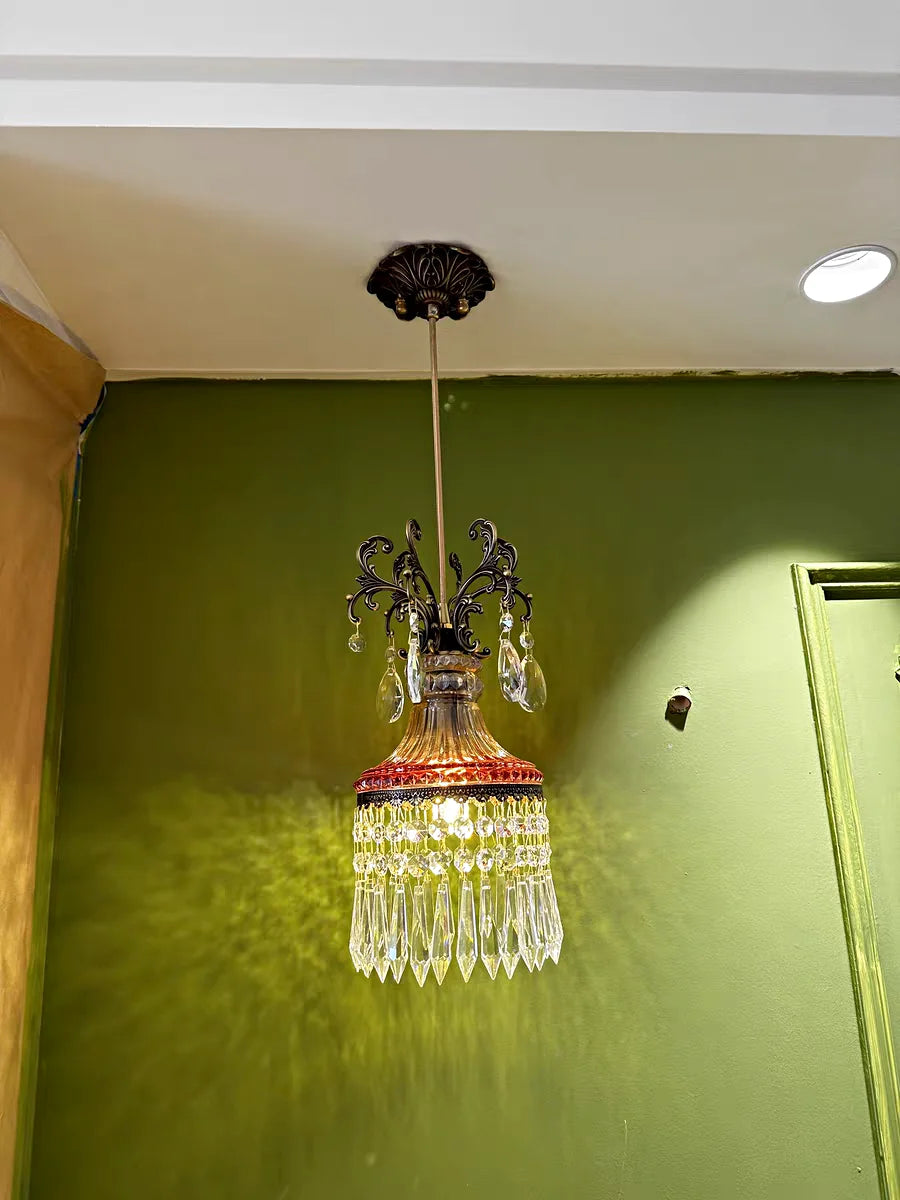 Mounted retro French crystal chandelier on green ceiling, luxury pendant light for hallway or entryway lighting.