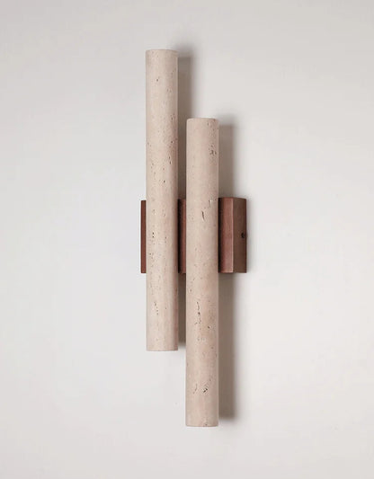 Travertine stone wall lamp with wood accent shown in off and on states, highlighting its ambient LED lighting effect.